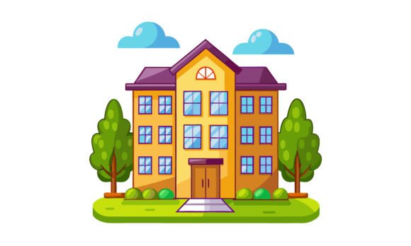 Cartoon Illustration of a School: Graphics and Crafts