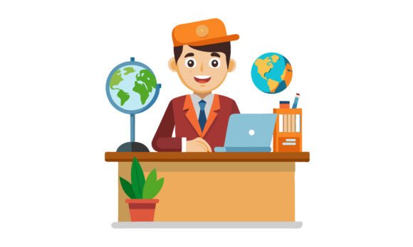 Happy Teacher Sitting at His Desk: Graphics and Crafts