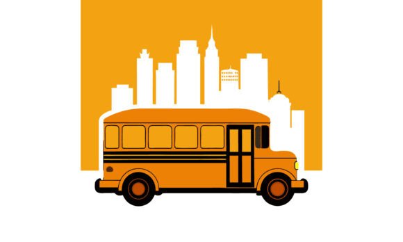 School Bus in City Silhouette Graphics